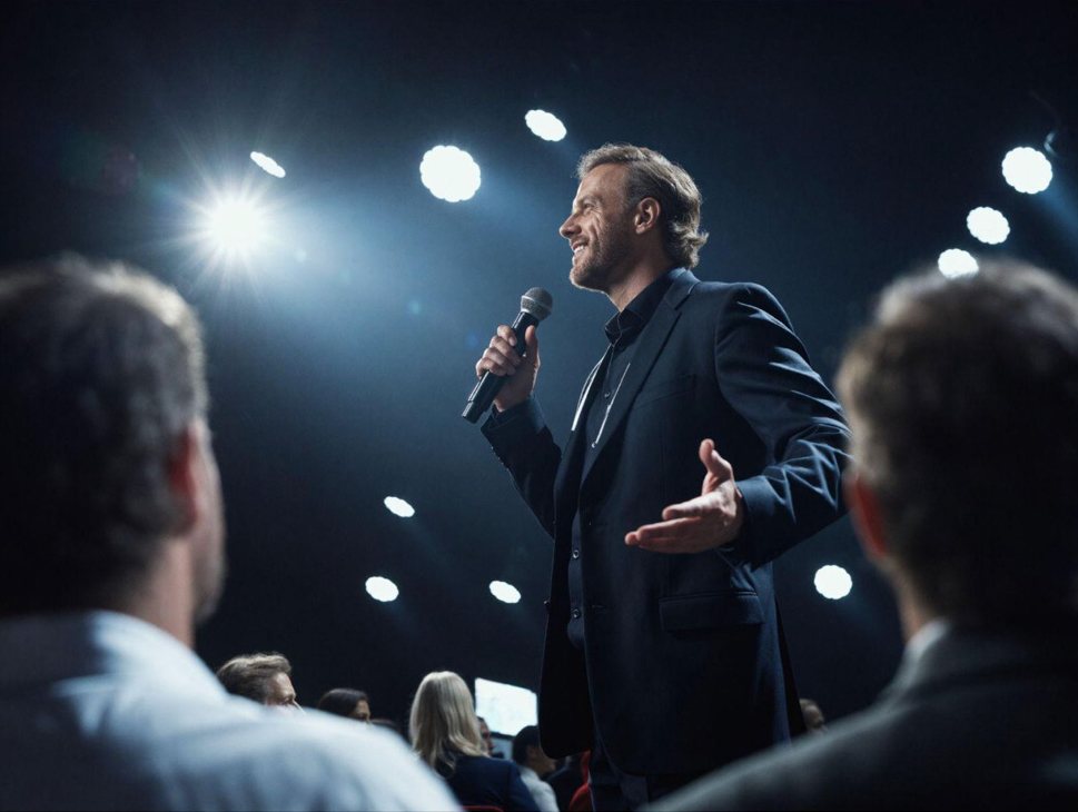 Gerrit Winter on stage with microphone